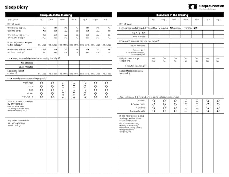 Nsf Official Sleep Diary Sleep Foundation